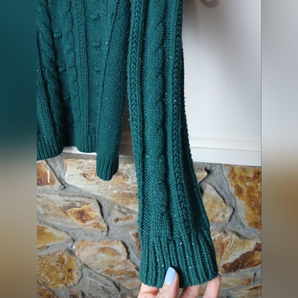 🍂 Lands End Green Cable Knit Turtleneck Sweater Small wool blend - Picture 4 of 8